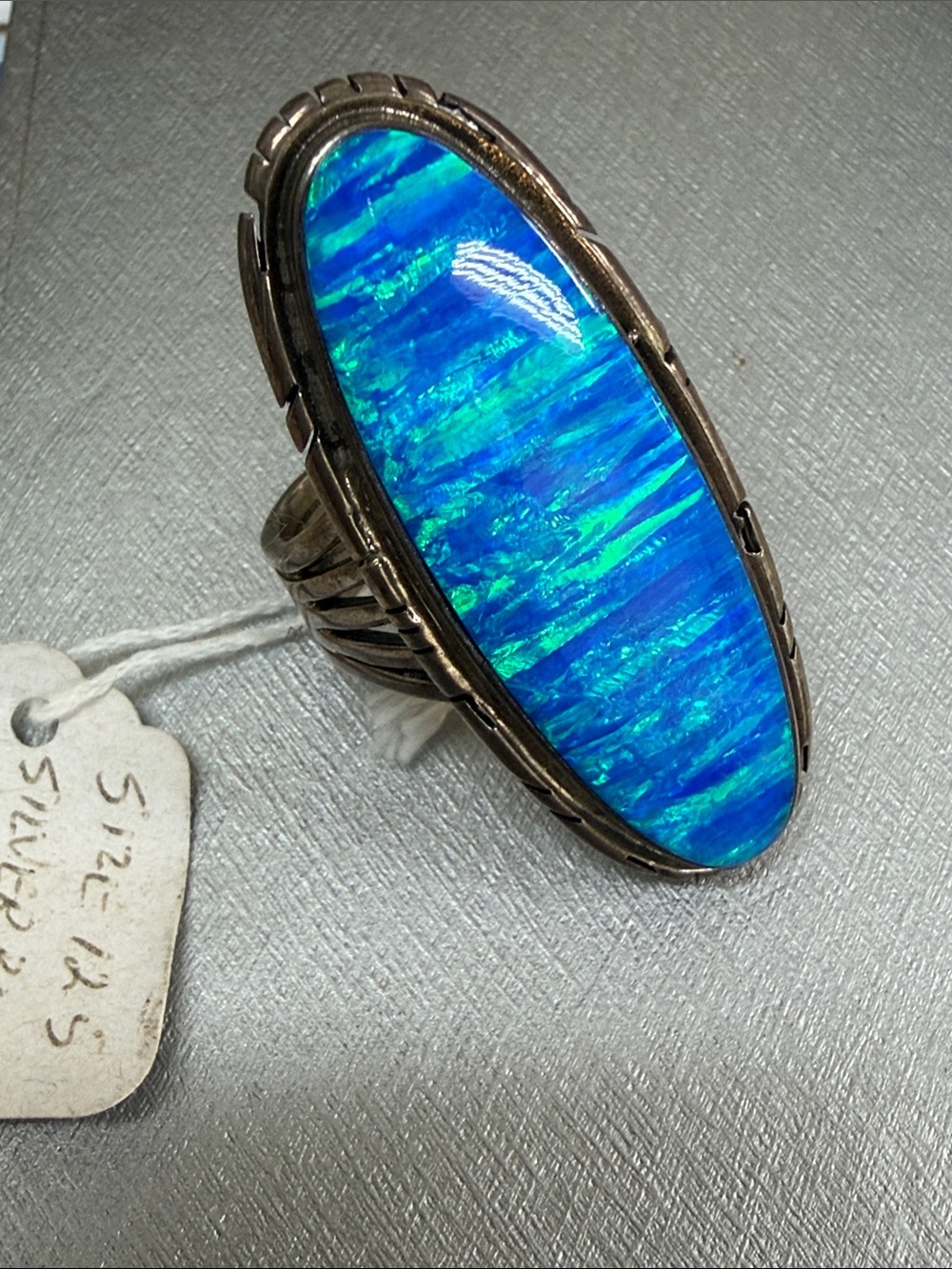 Long Oval Blue-Green Opal  Ring